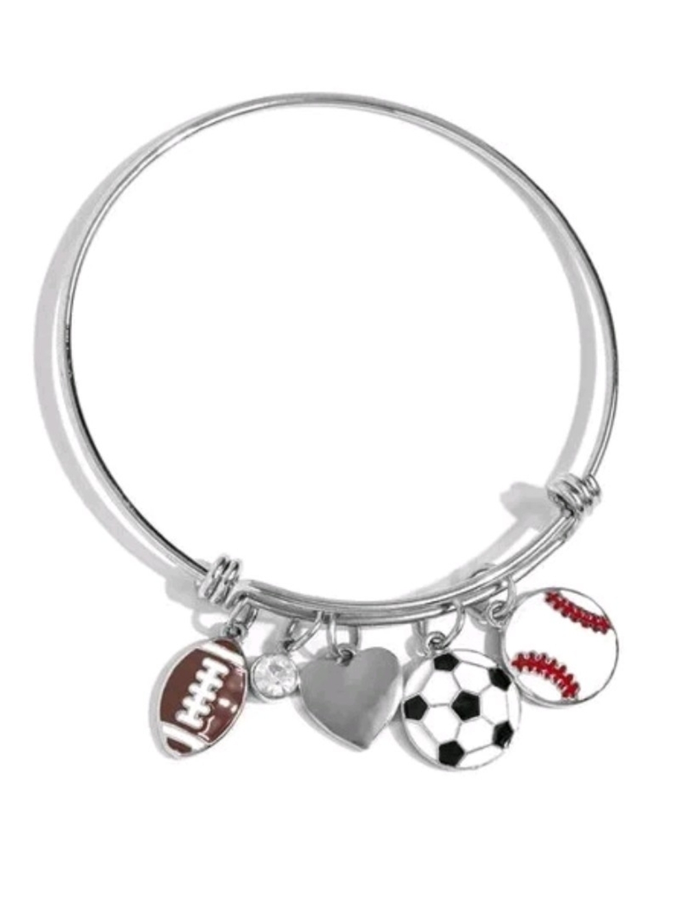 Silver Sports Charm Bangle Bracelet with Football, Soccer & Baseball Charms